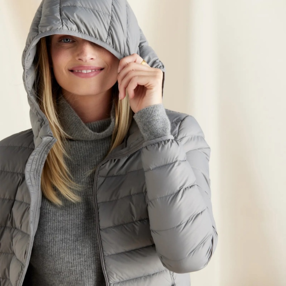 Quince Gray Hooded Puffer Coat Lightweight Down Long  Jacket NWT small - Picture 3 of 13